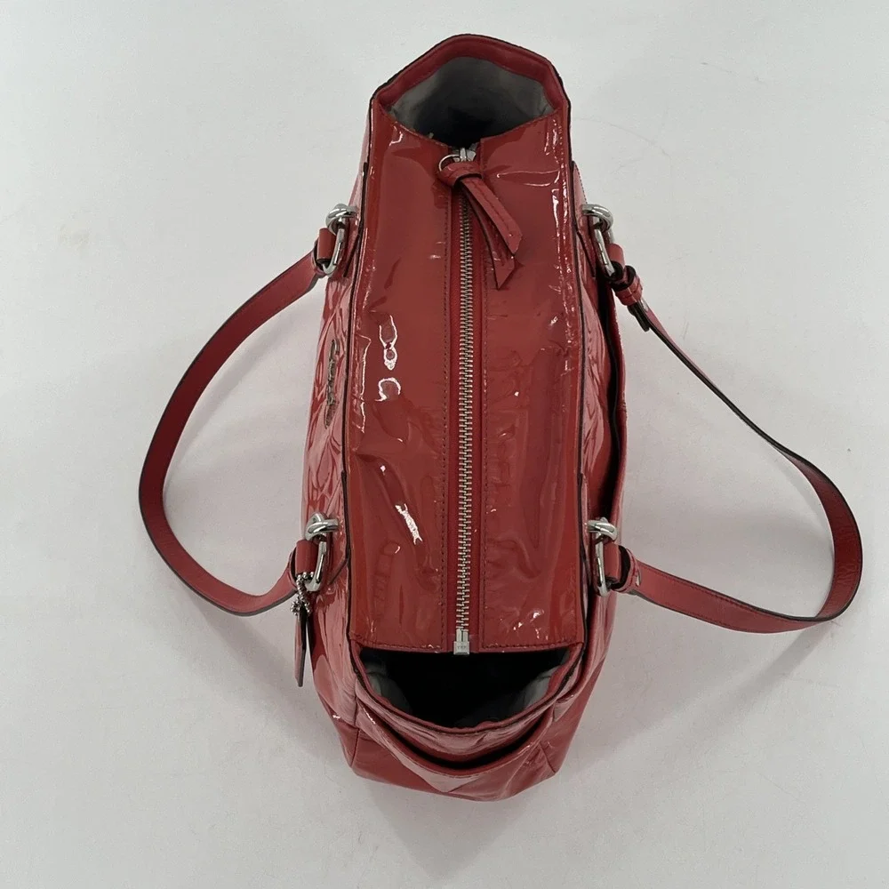 Coach Signature Embossed Patent Leather Coral Orange Satchel Tote Coral Orange